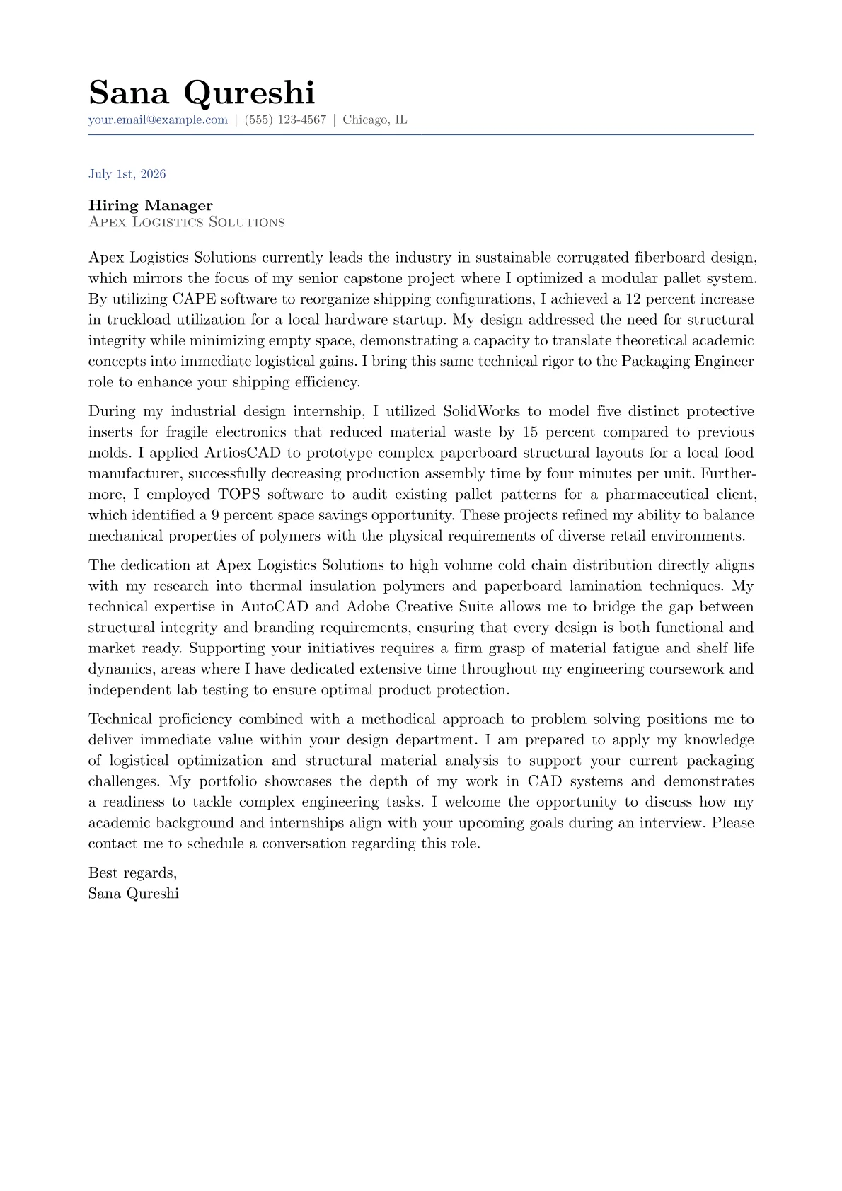 Packaging Engineer cover letter in the Classic design
