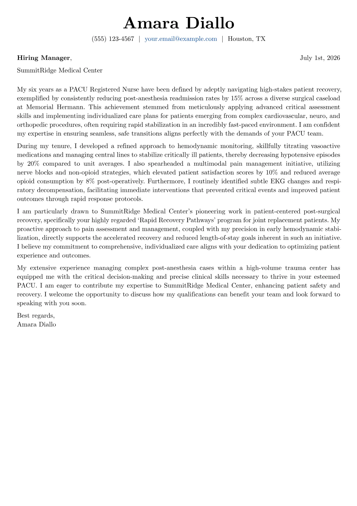 PACU Nurse cover letter formatted with a JobSprout template