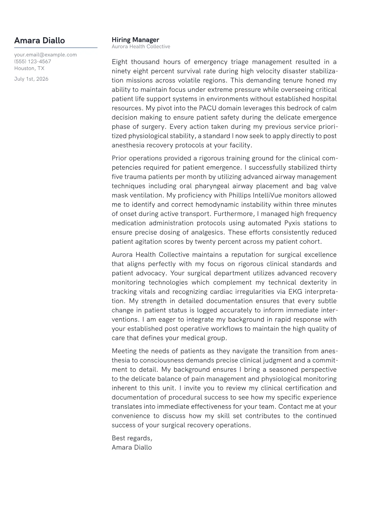 PACU Nurse cover letter in the Margin design