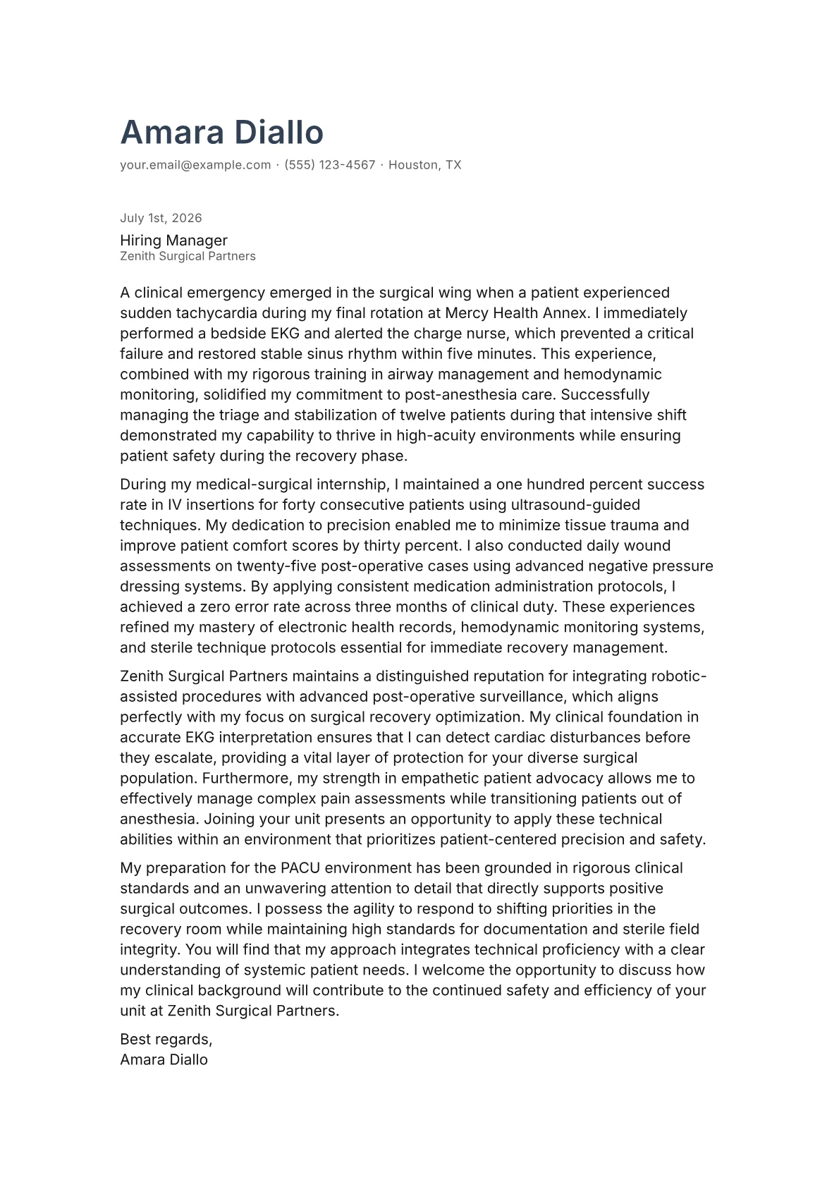 PACU Nurse cover letter in the Minimal design