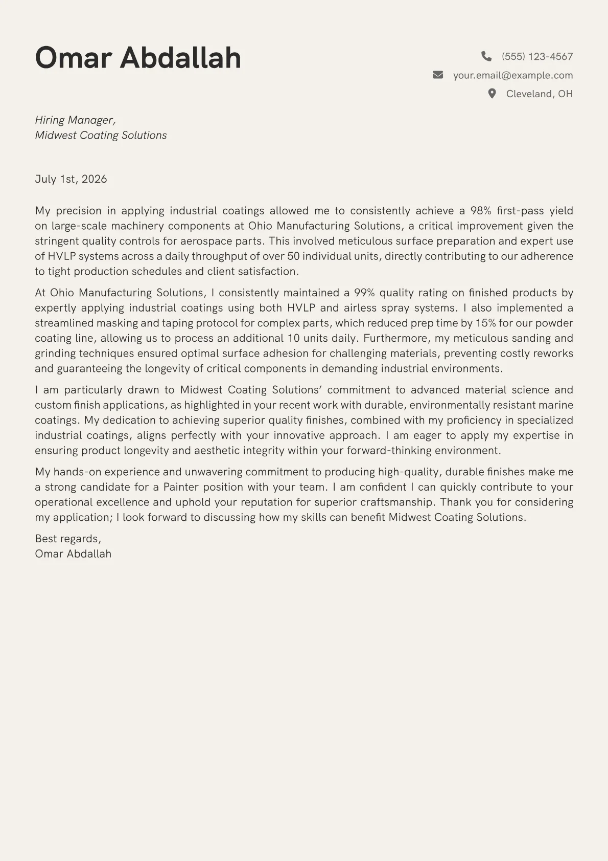 Painter cover letter formatted with a JobSprout template