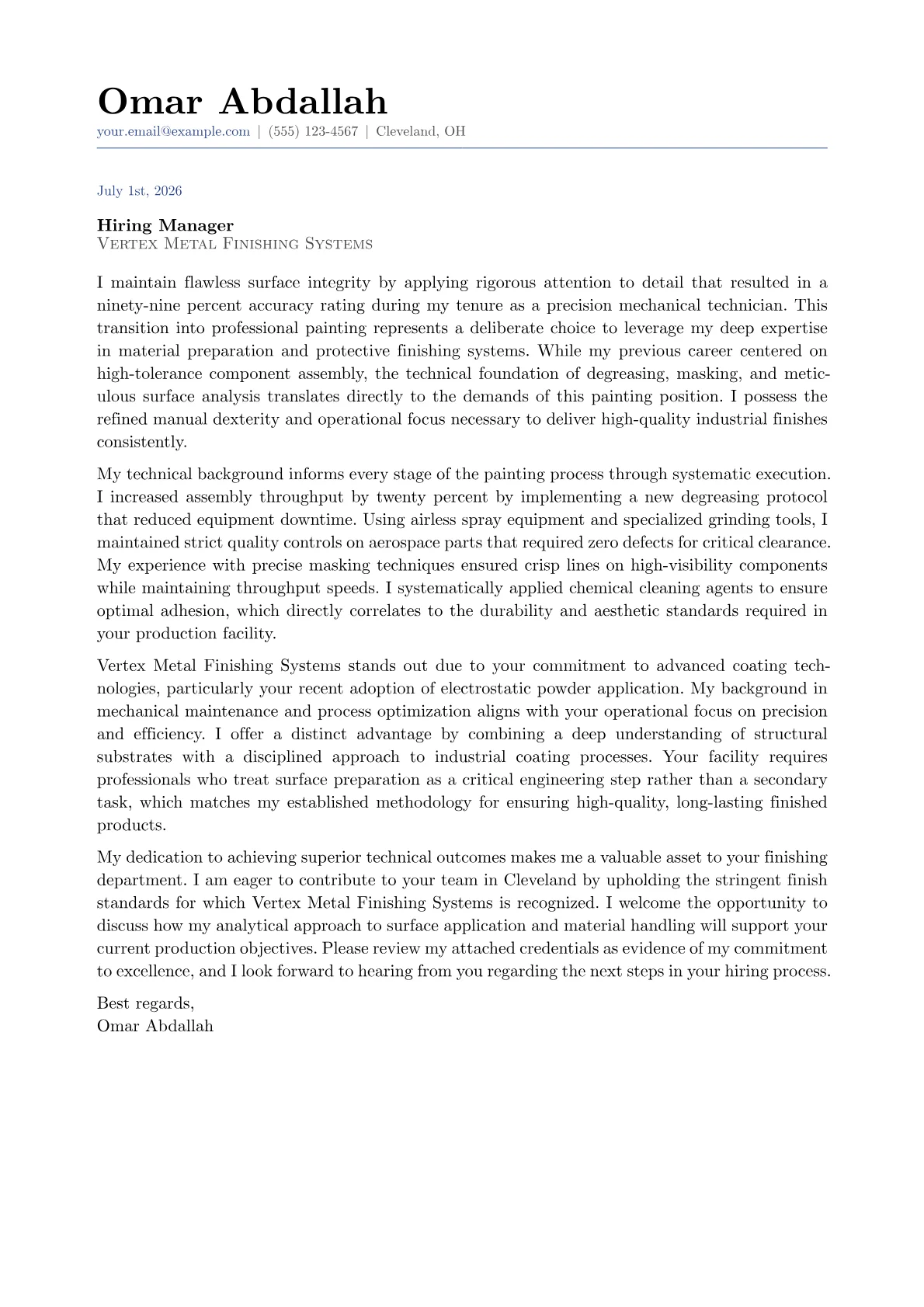 Painter cover letter in the Classic design