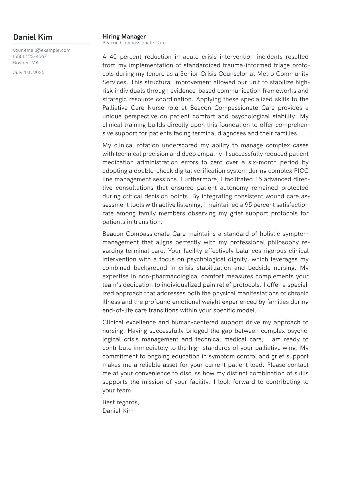 Palliative Care Nurse cover letter in the Margin design