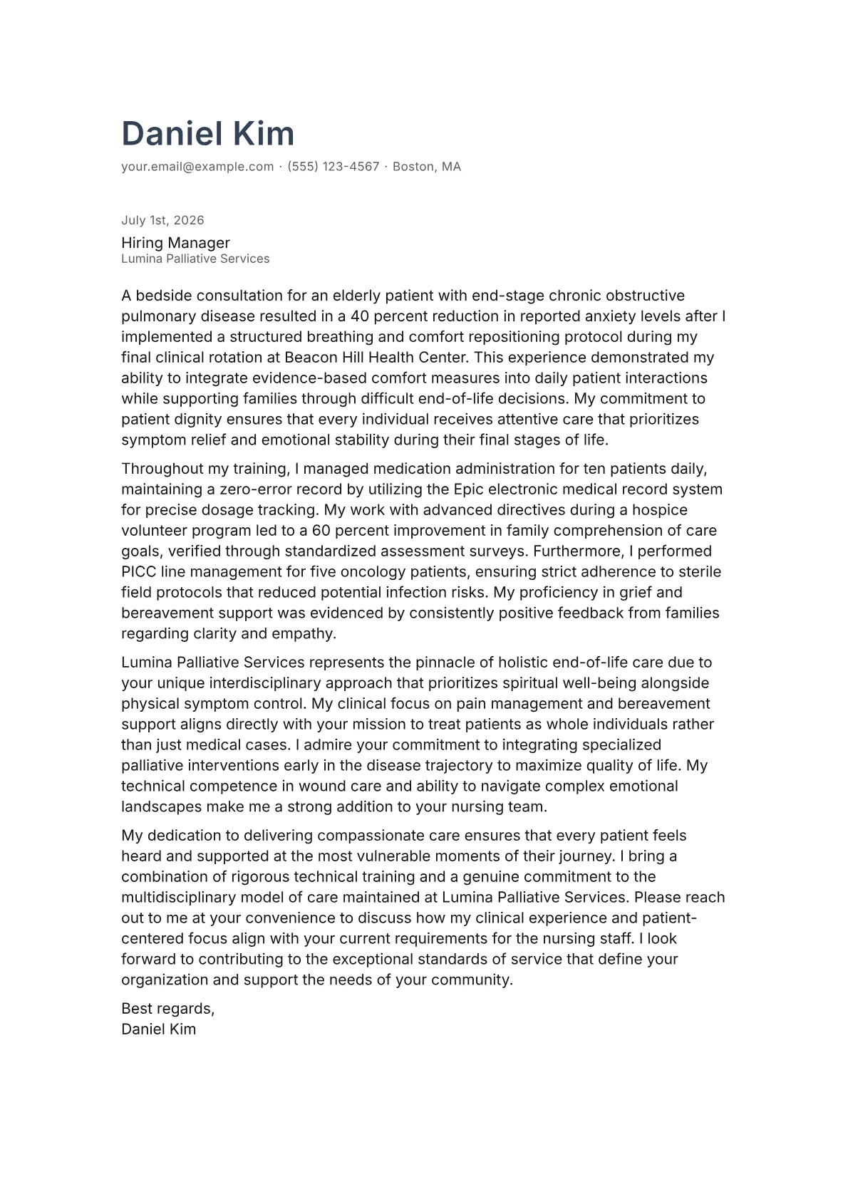 Palliative Care Nurse cover letter in the Minimal design