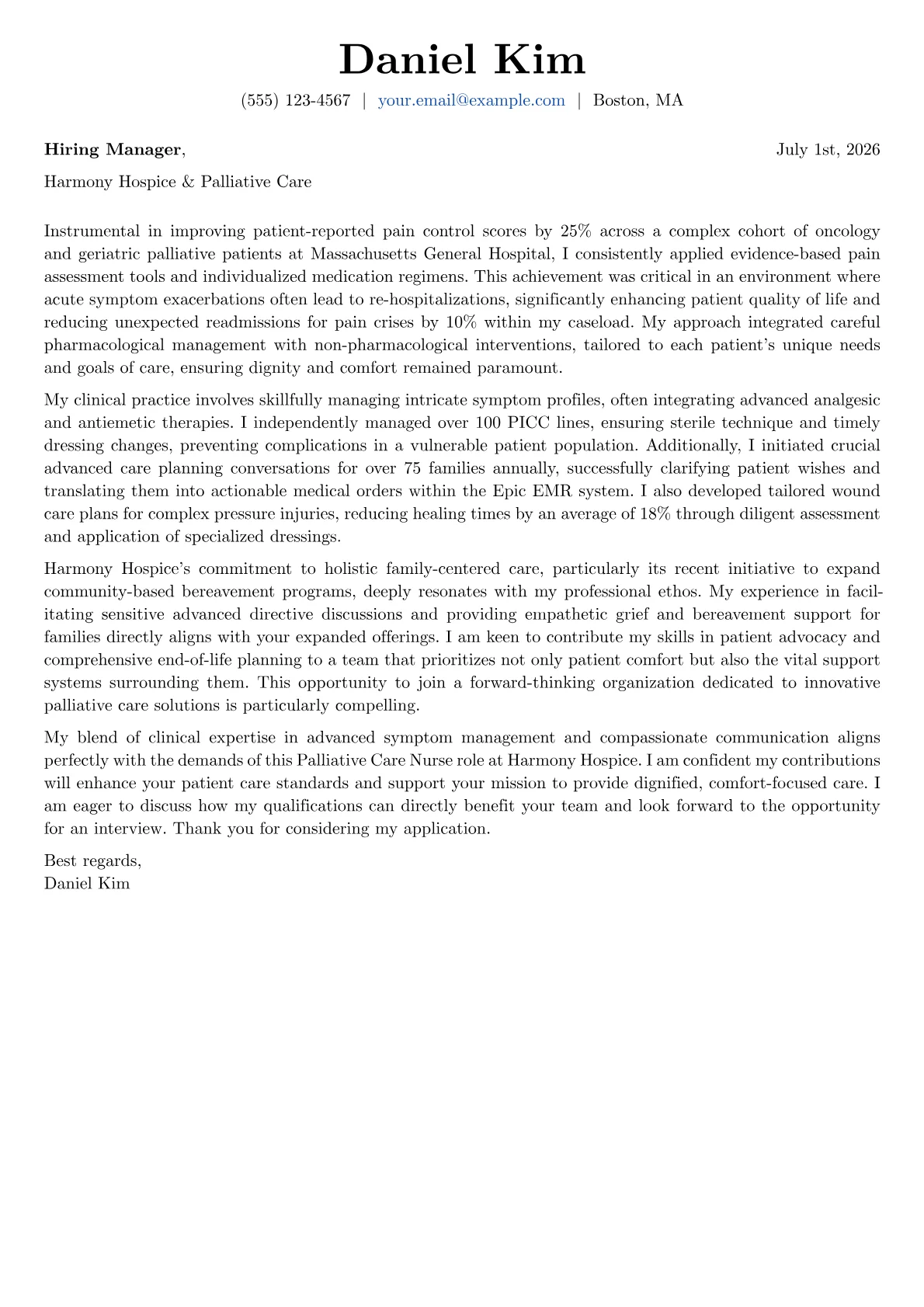 Palliative Care Nurse cover letter formatted with a JobSprout template