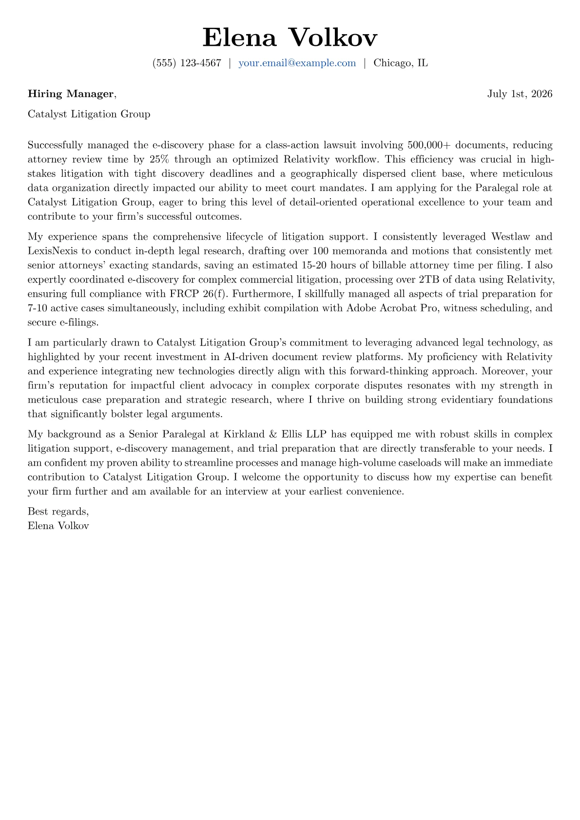 Paralegal cover letter formatted with a JobSprout template