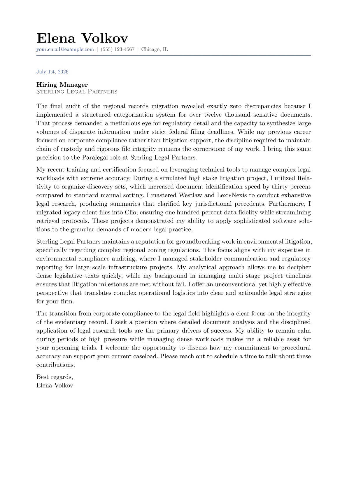 Paralegal cover letter in the Classic design