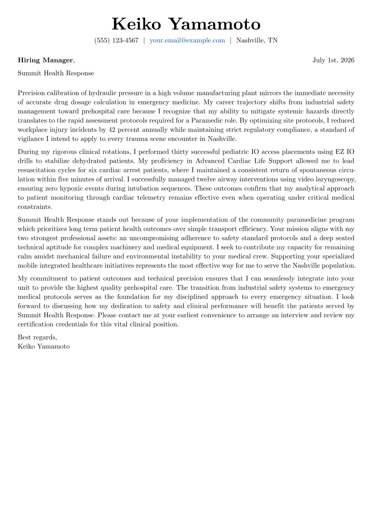 Paramedic cover letter in the Basic design
