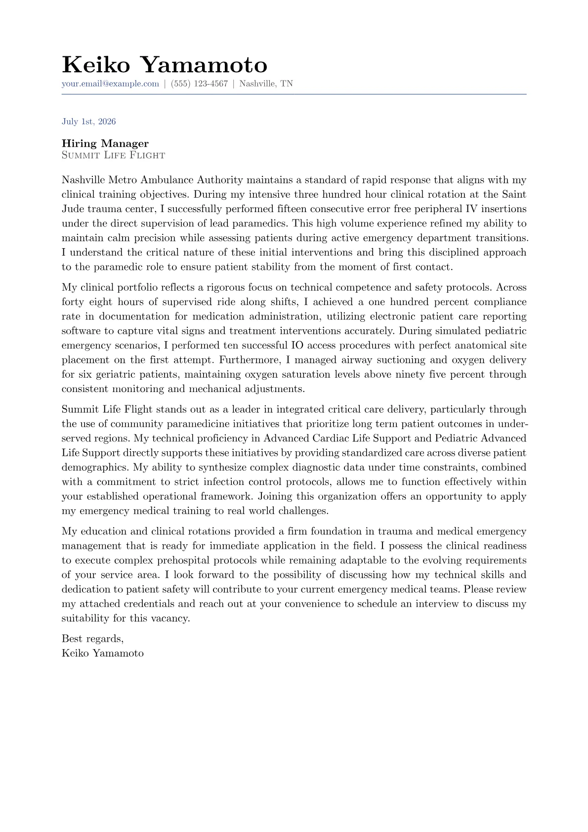 Paramedic cover letter in the Classic design
