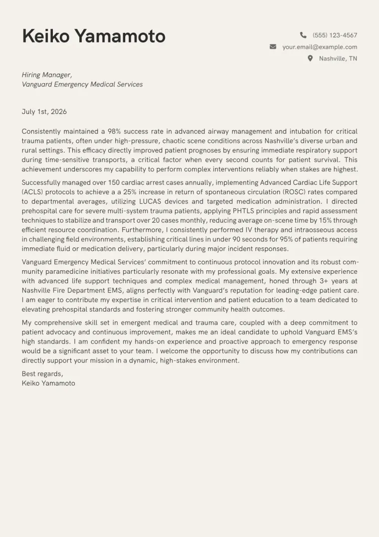 Paramedic Cover Letter Example