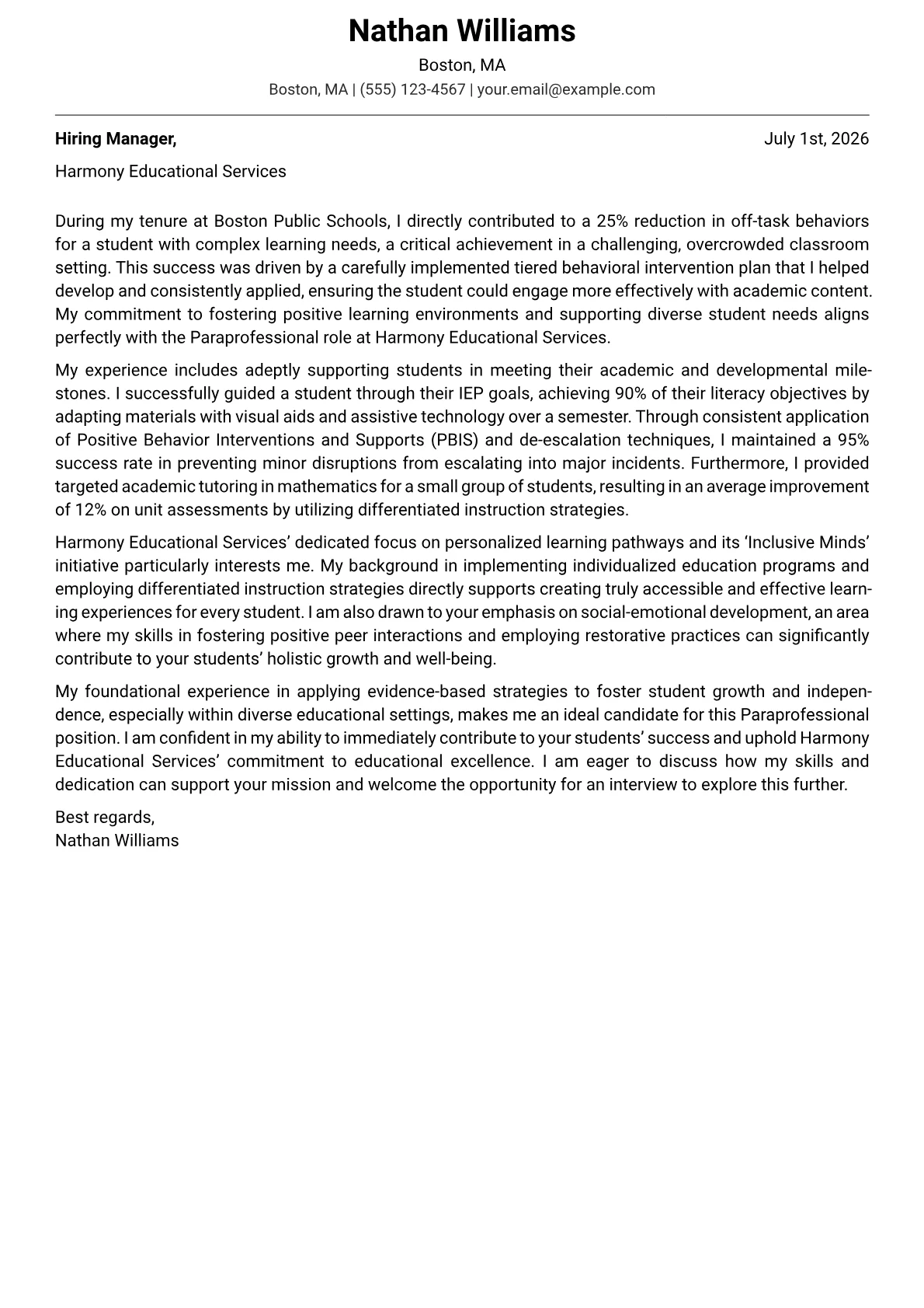 Paraprofessional cover letter formatted with a JobSprout template