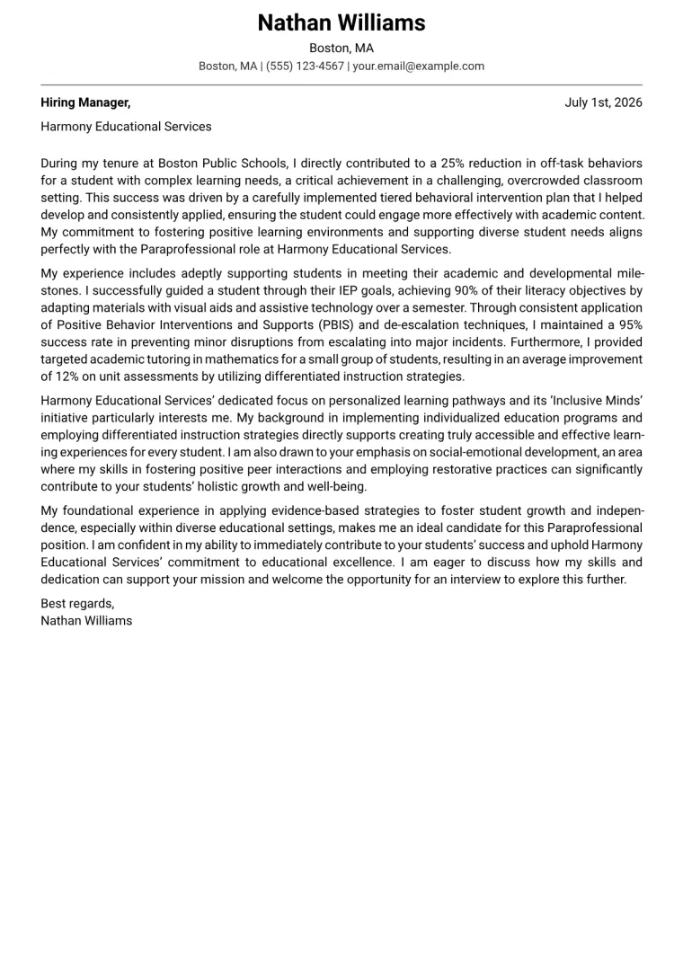 Paraprofessional Cover Letter Example