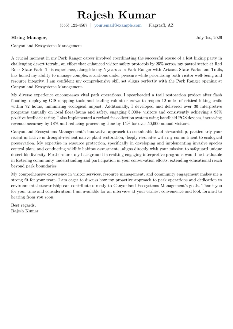 Park Ranger Cover Letter Example