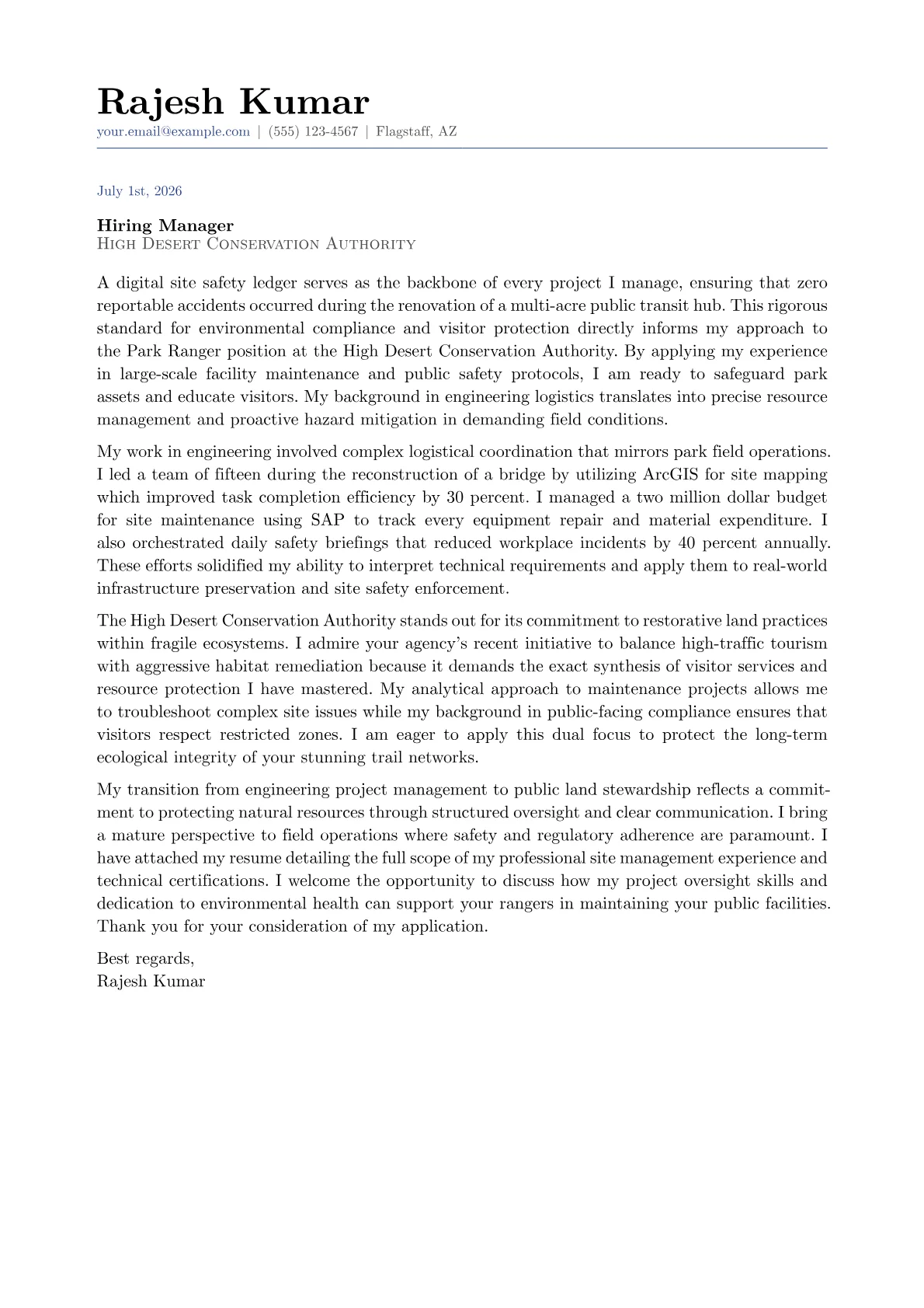 Park Ranger cover letter in the Classic design