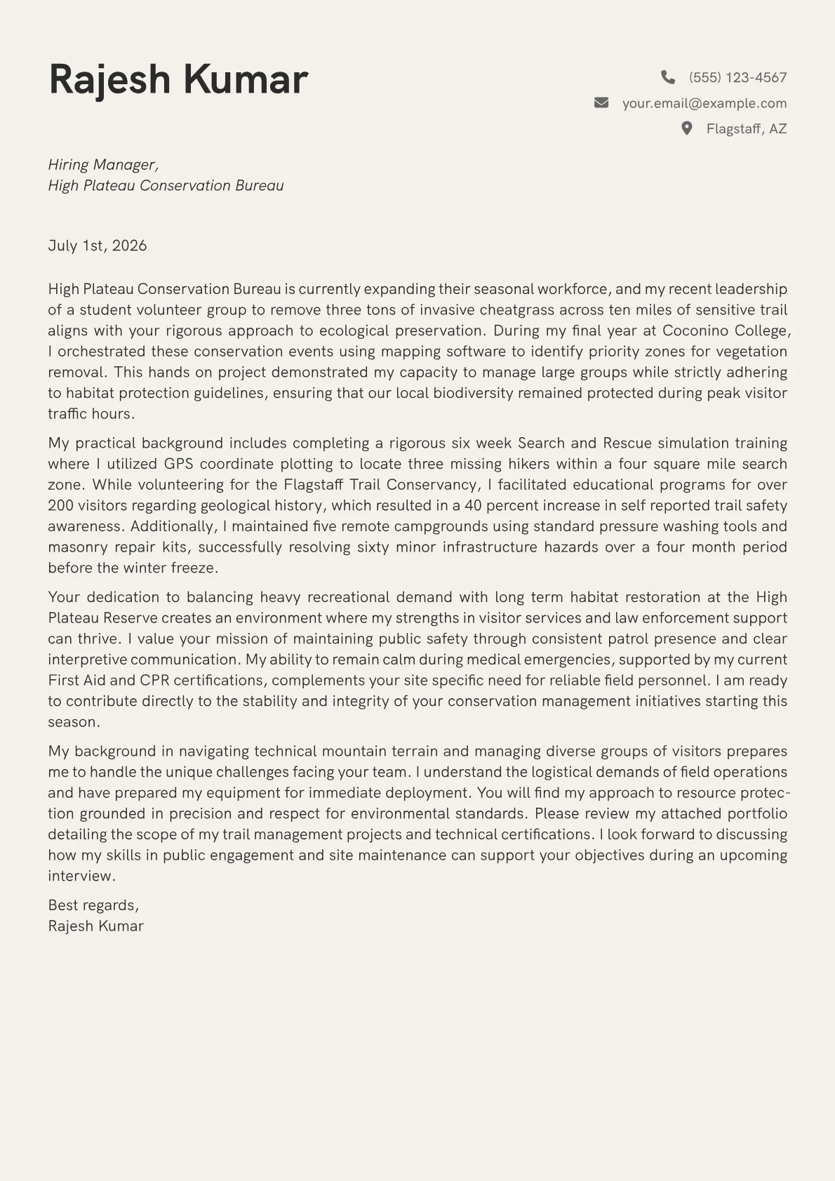 Park Ranger cover letter in the Creative design