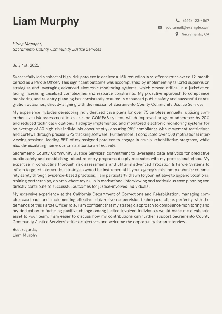 Parole Officer Cover Letter Example