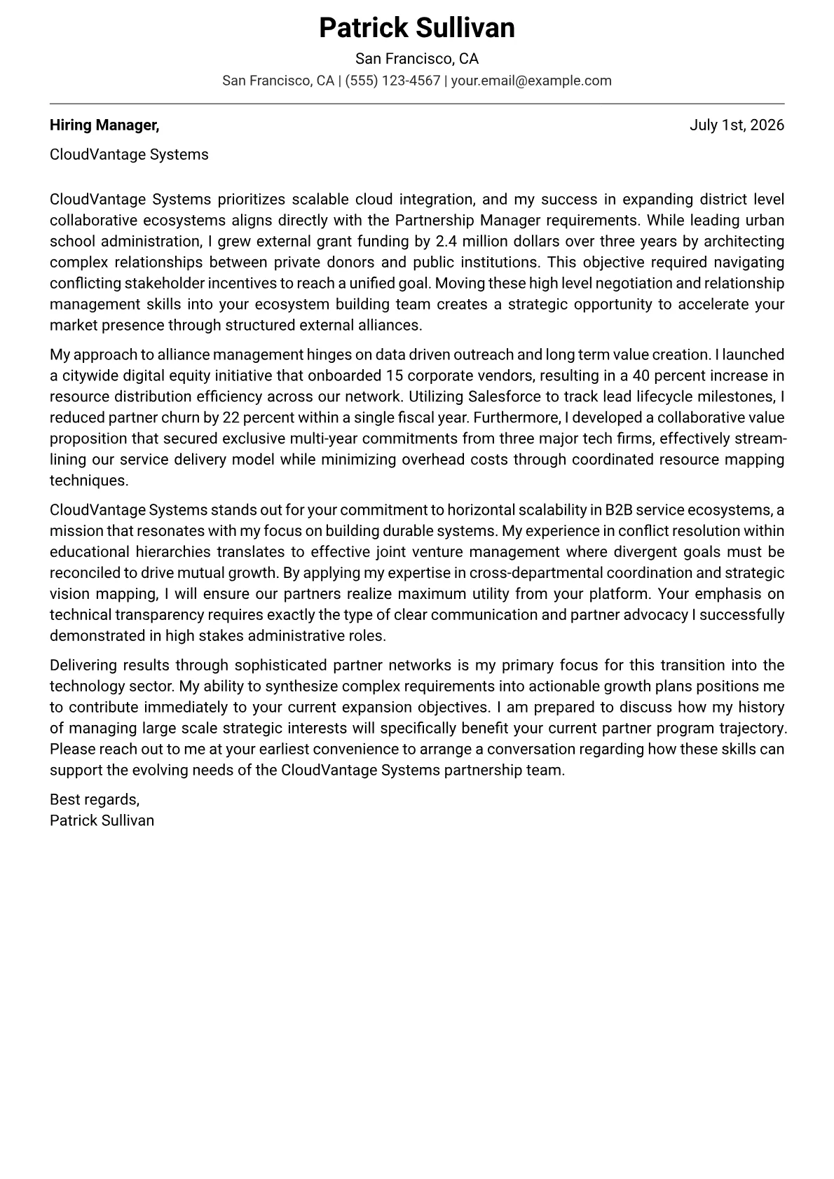 Partnership Manager cover letter in the Modern design
