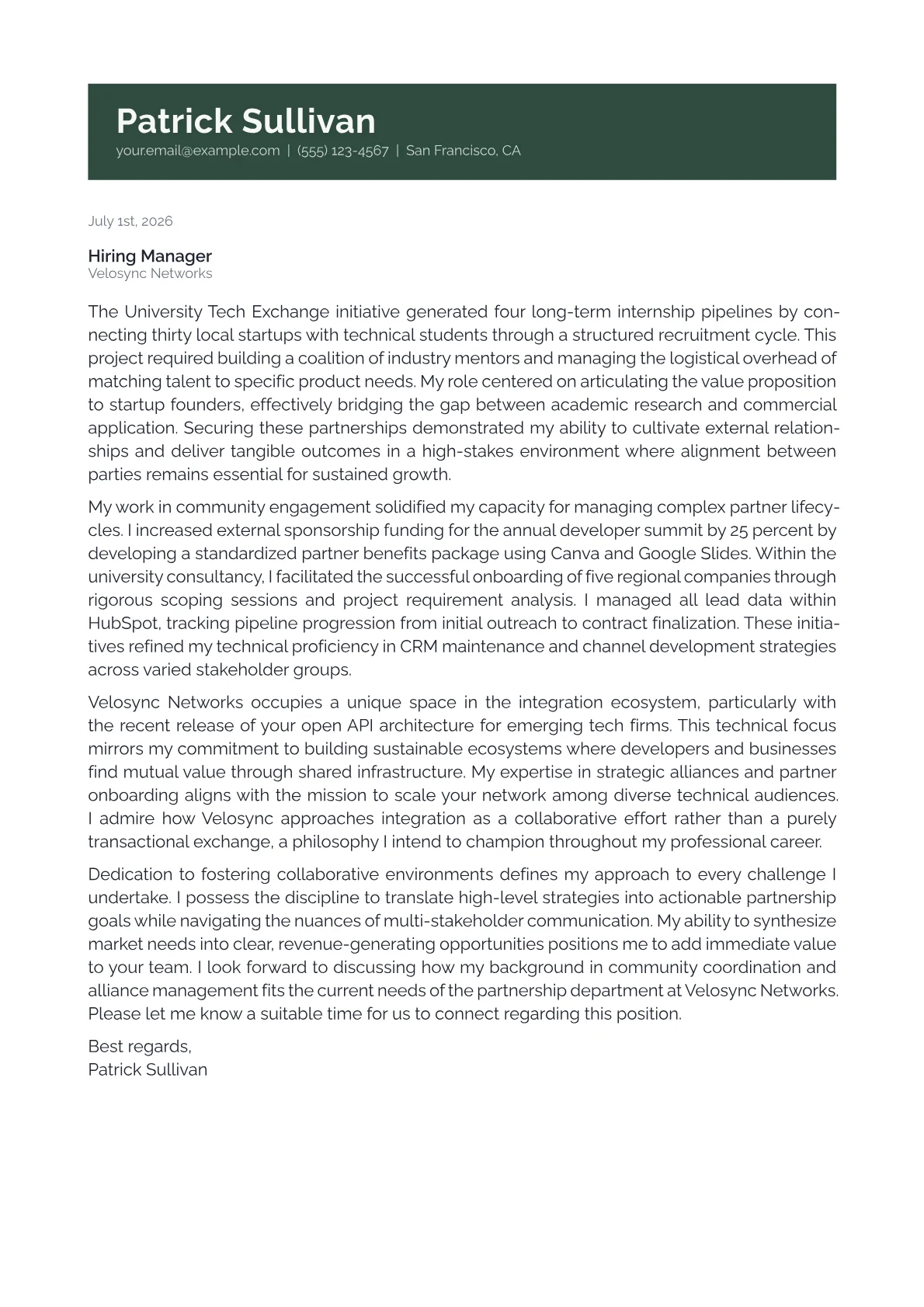 Partnership Manager cover letter in the Banner design