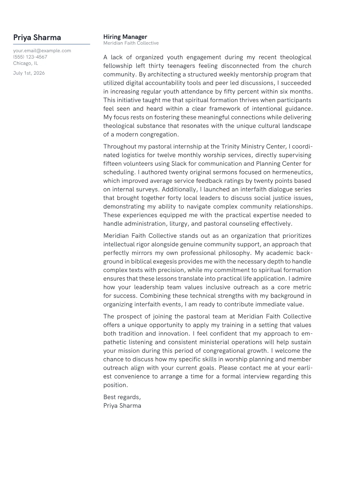 Pastor cover letter in the Margin design