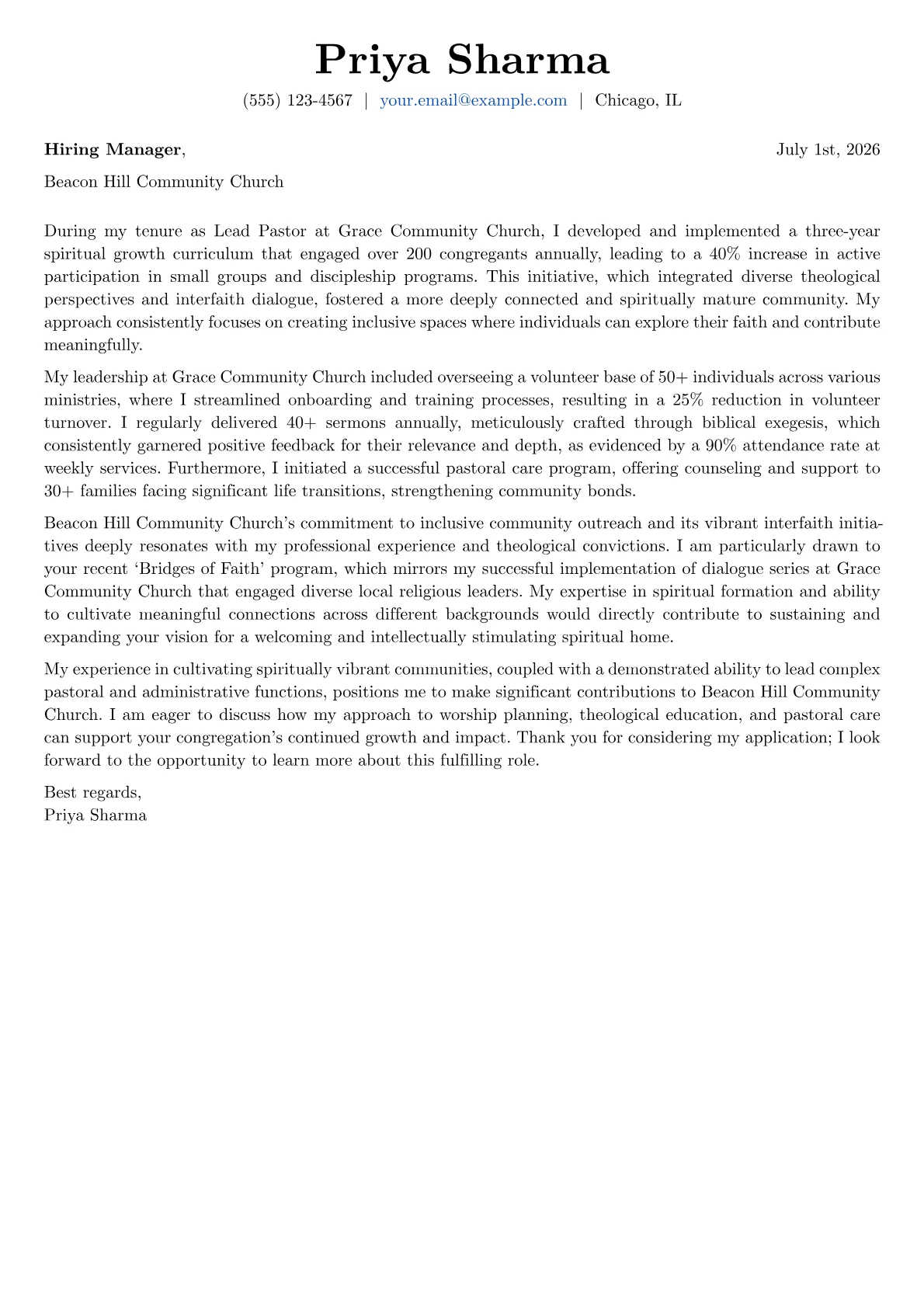 Pastor cover letter formatted with a JobSprout template
