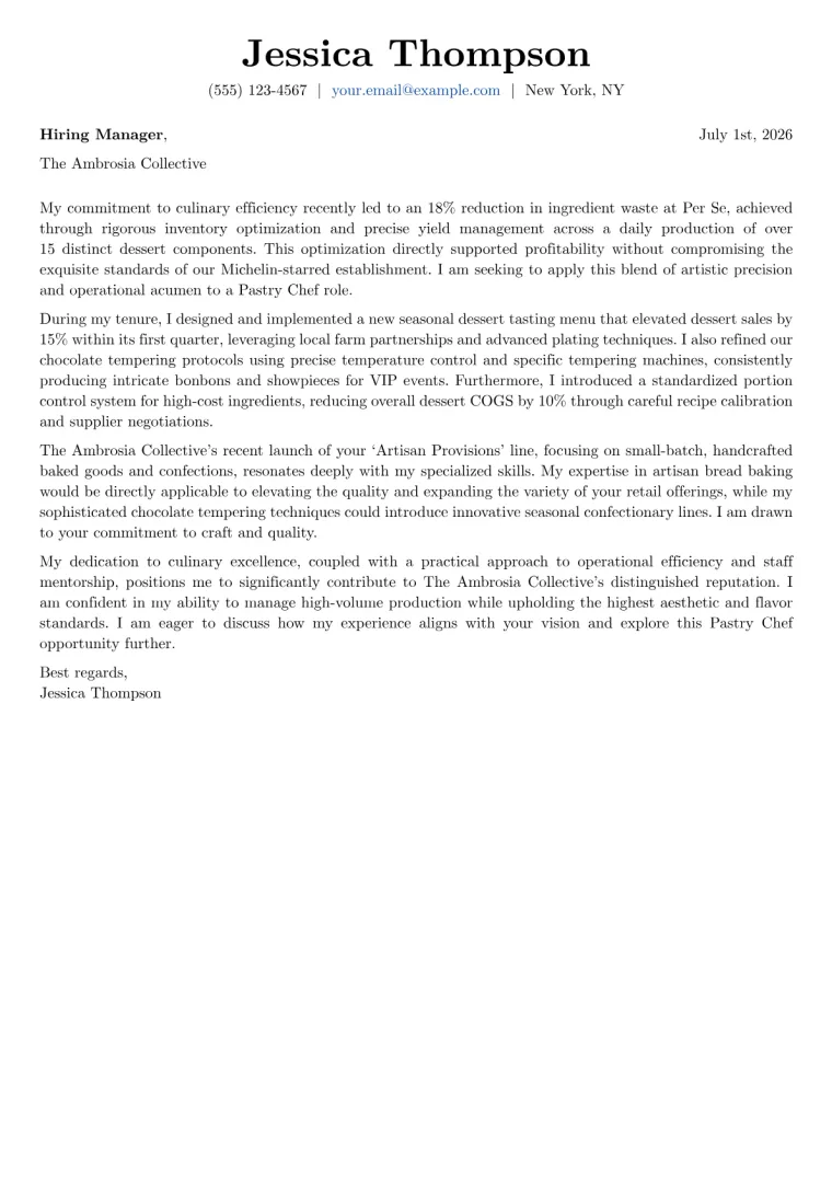 Pastry Chef Cover Letter Example