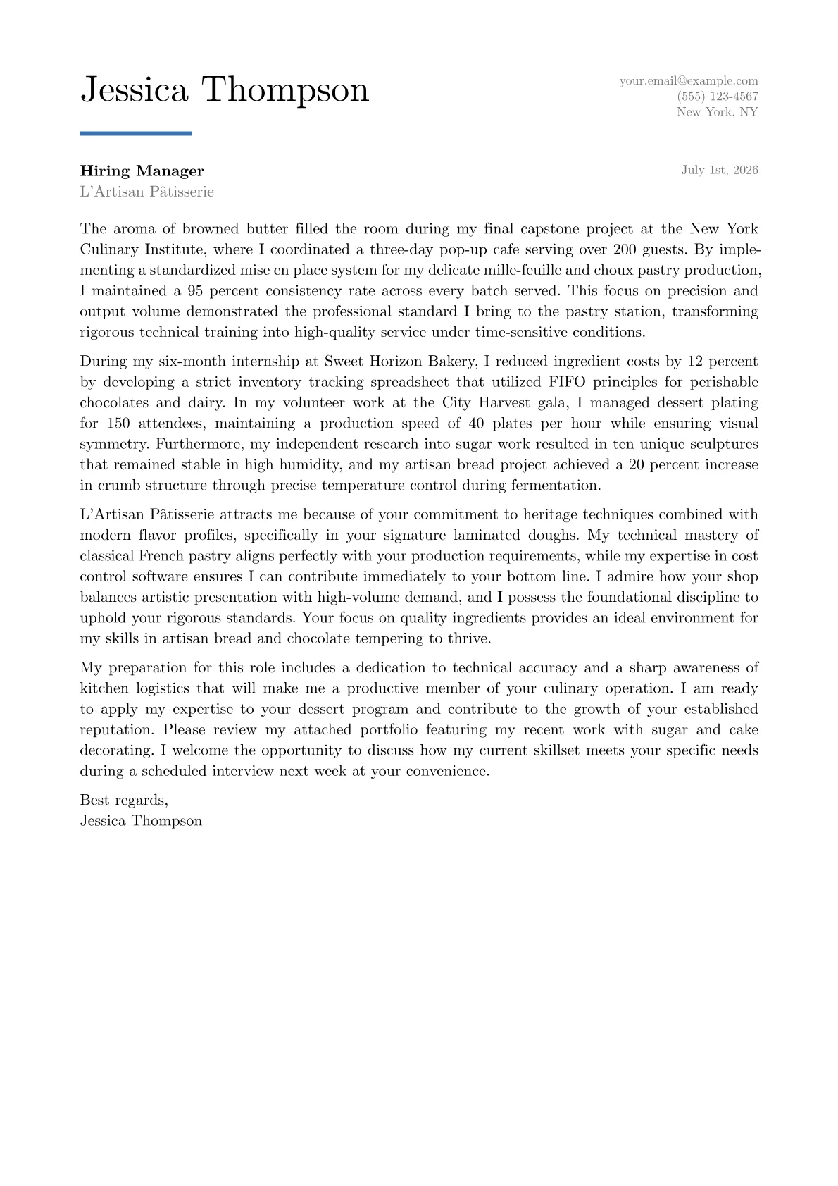 Pastry Chef cover letter in the Executive design