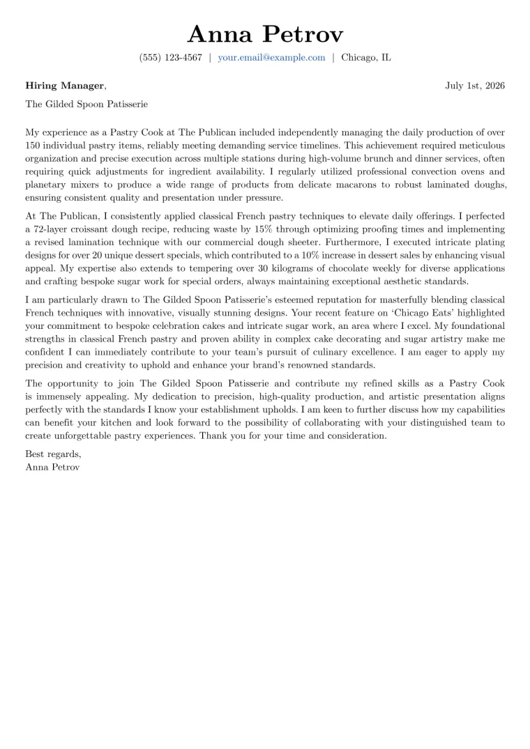Pastry Cook Cover Letter Example