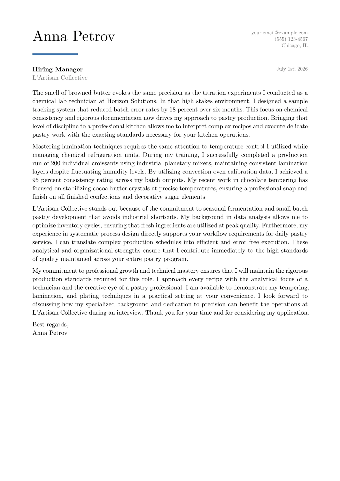 Pastry Cook cover letter in the Executive design