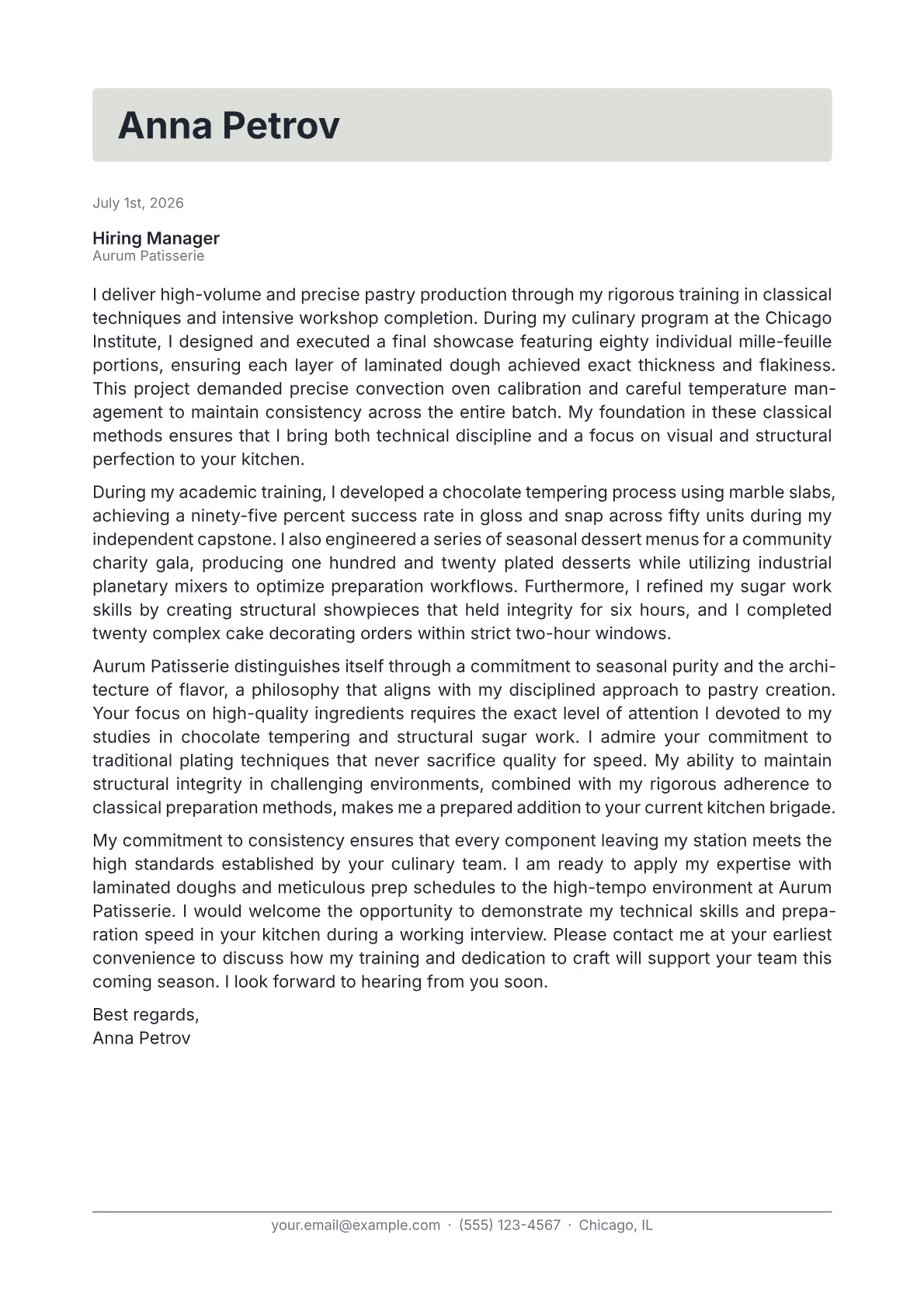 Pastry Cook cover letter in the Letterhead design