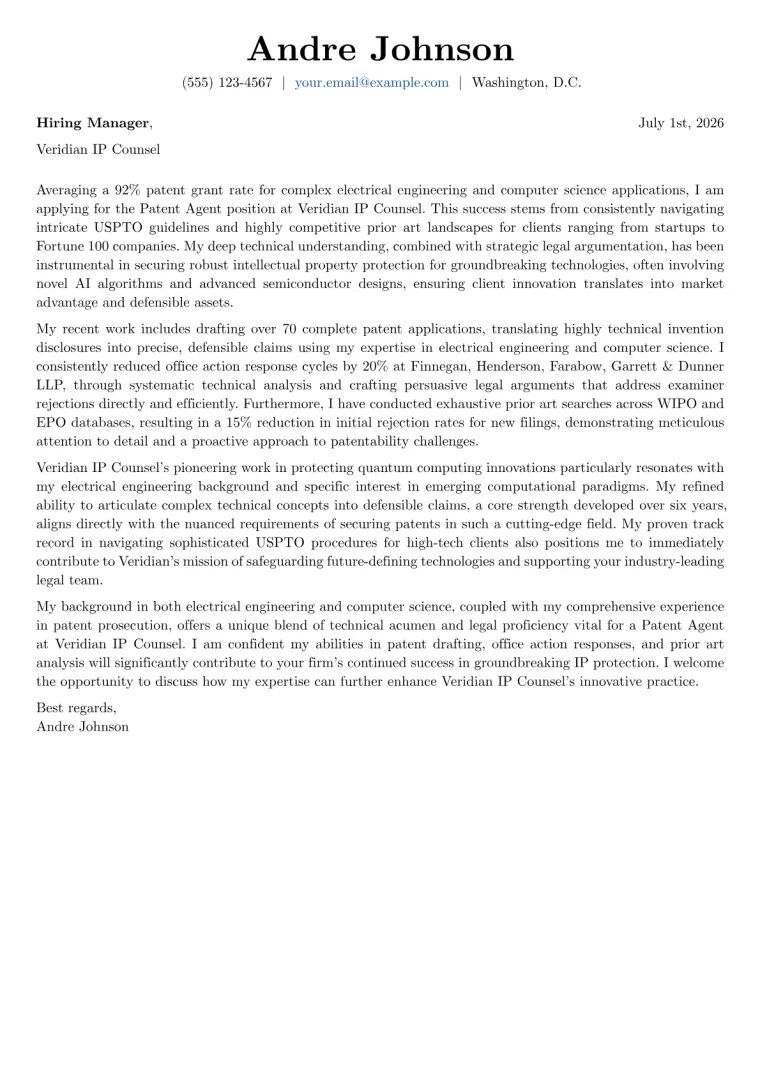 Patent Agent cover letter example preview