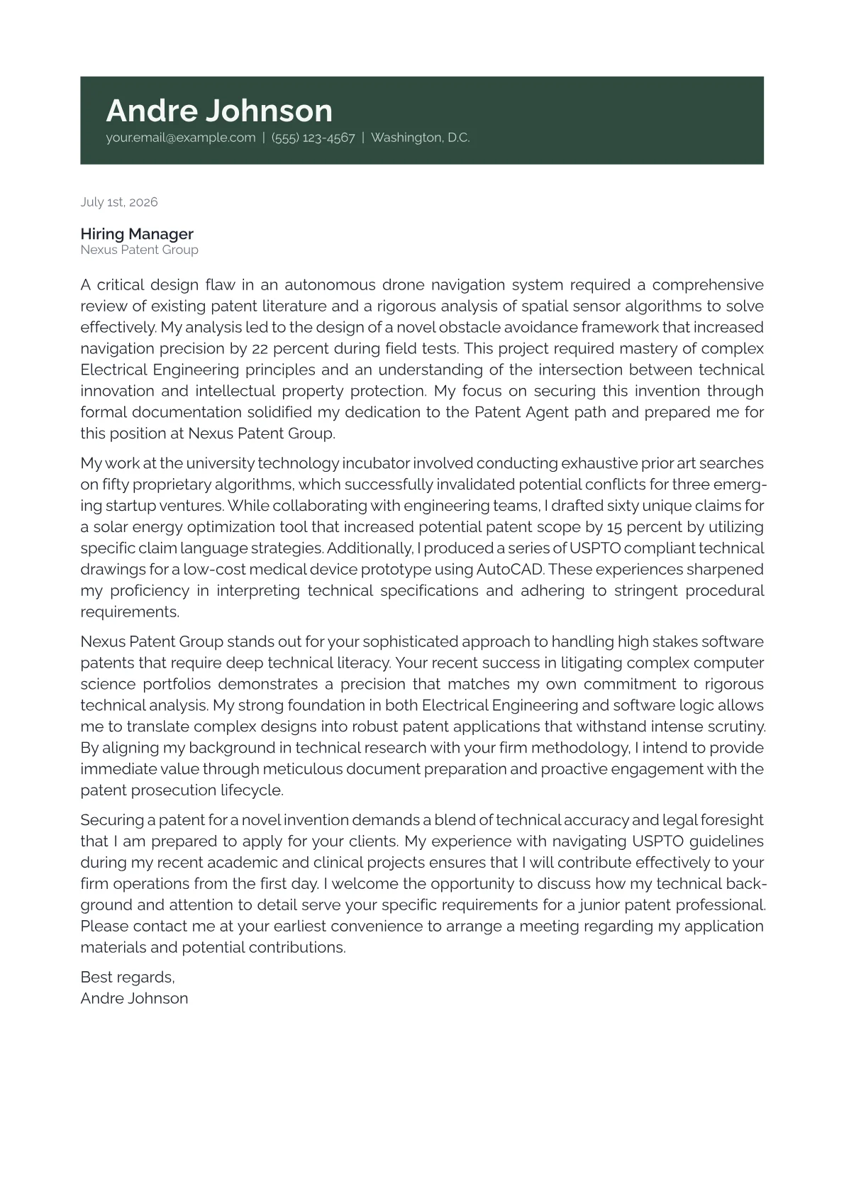 Patent Agent cover letter in the Banner design