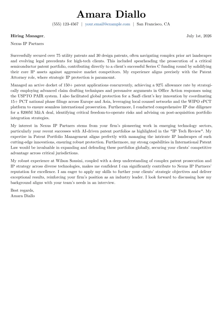 Patent Attorney Cover Letter Example