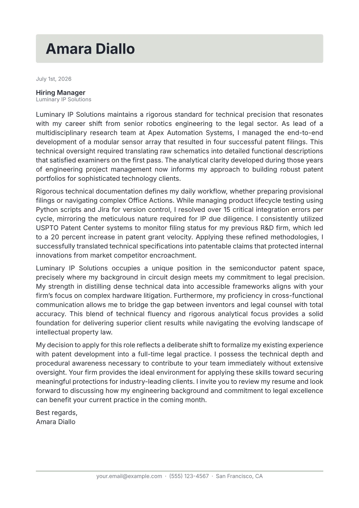 Patent Attorney cover letter in the Letterhead design