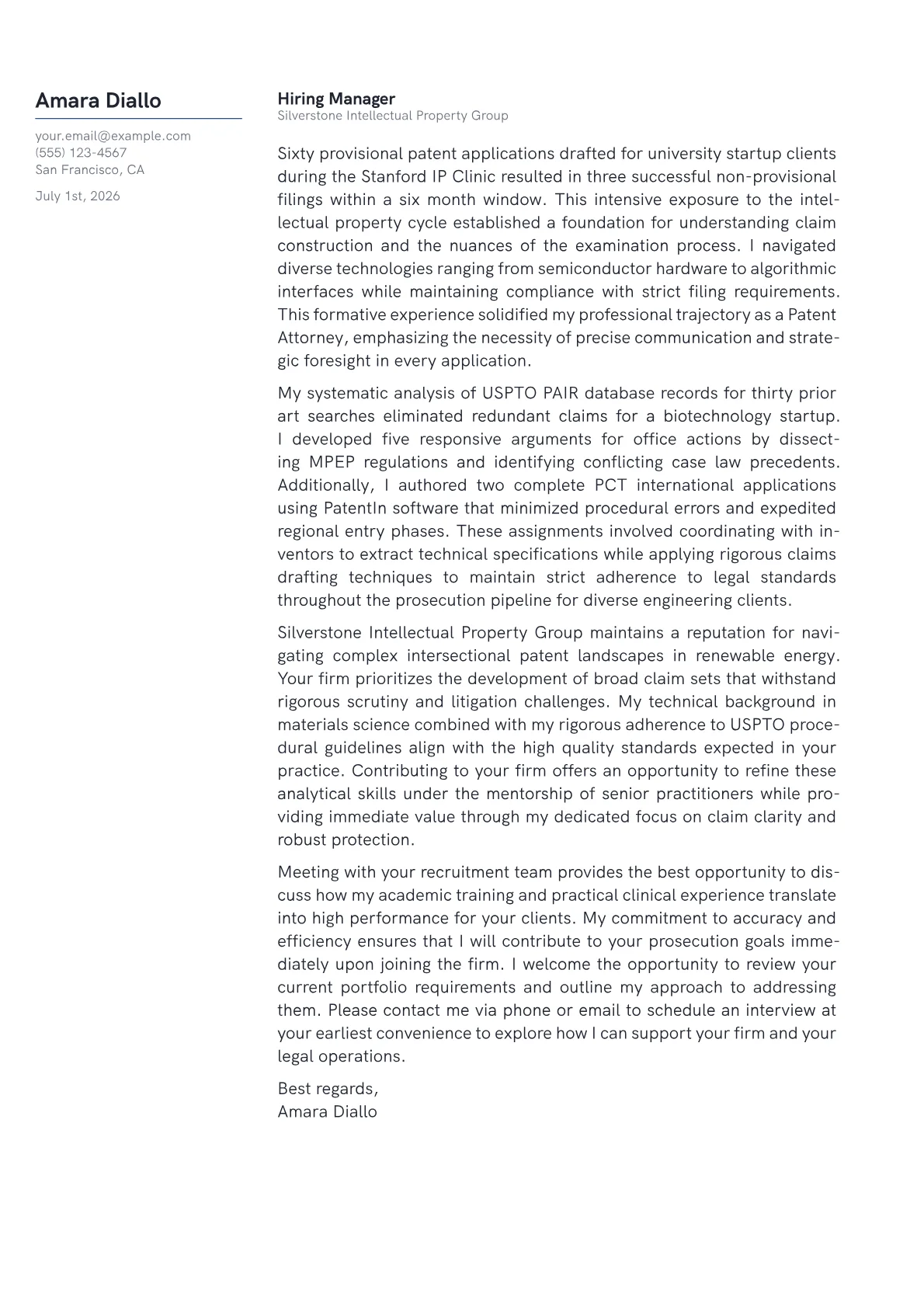 Patent Attorney cover letter in the Margin design