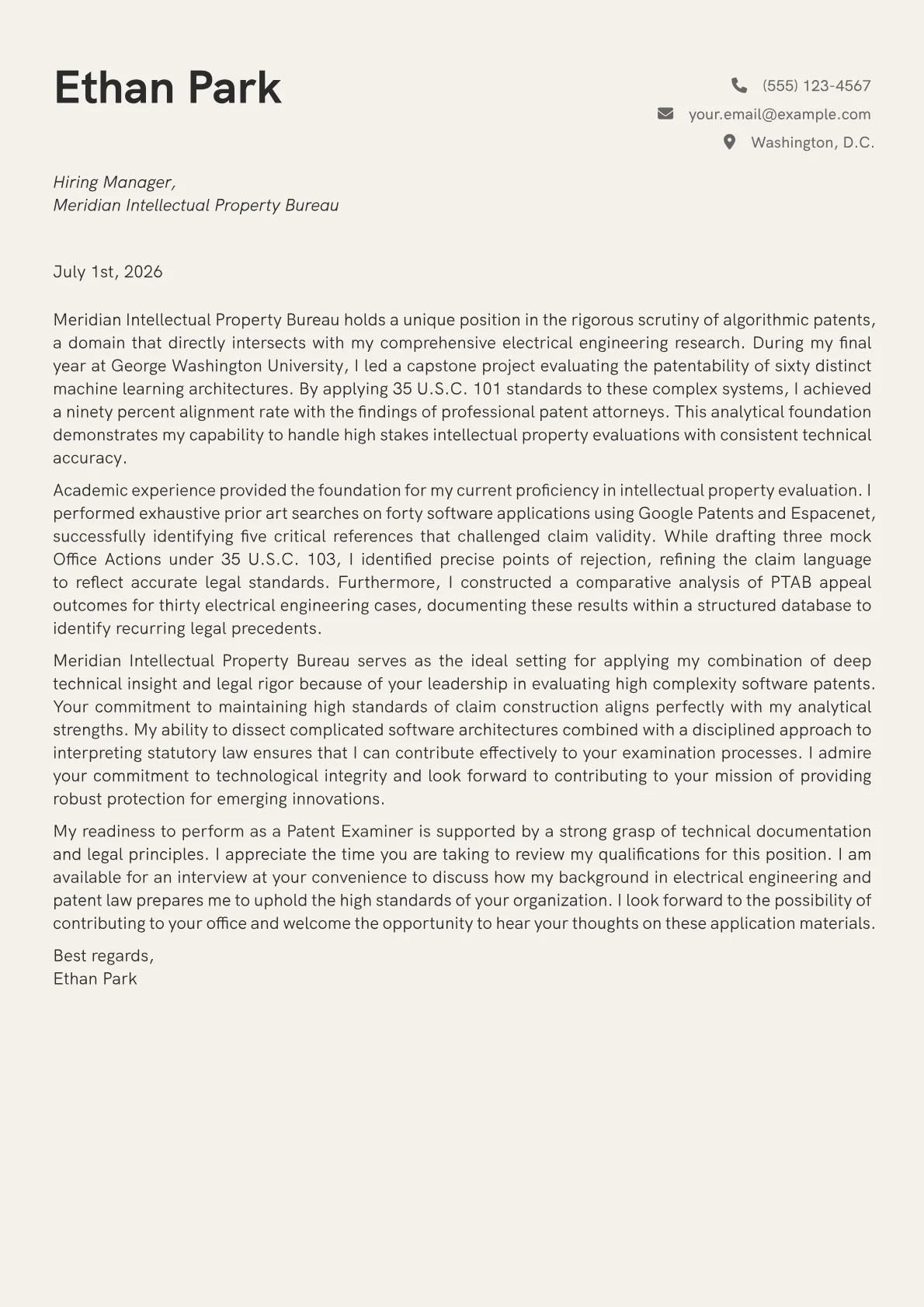 Patent Examiner cover letter in the Creative design
