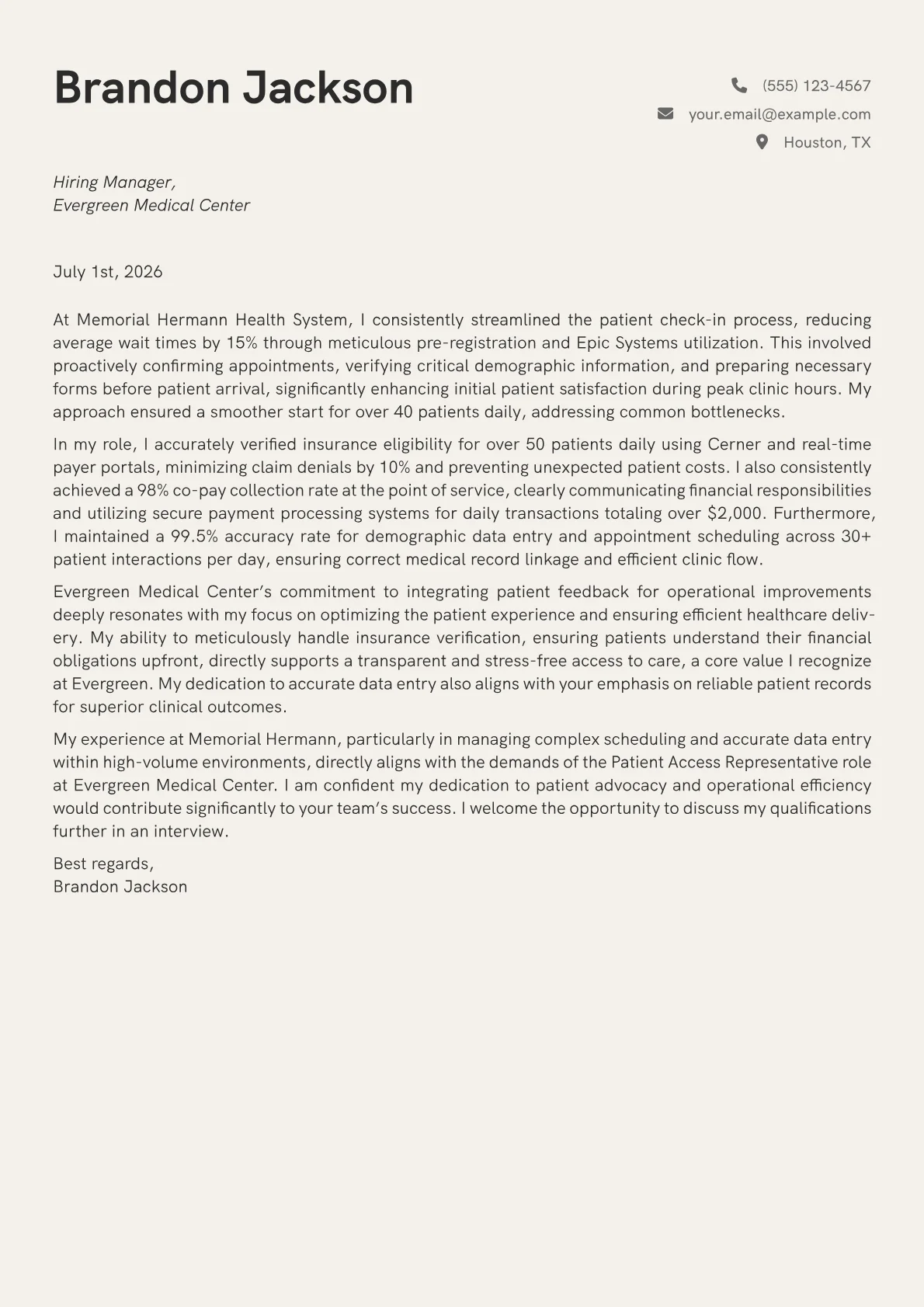 Patient Access Representative cover letter formatted with a JobSprout template