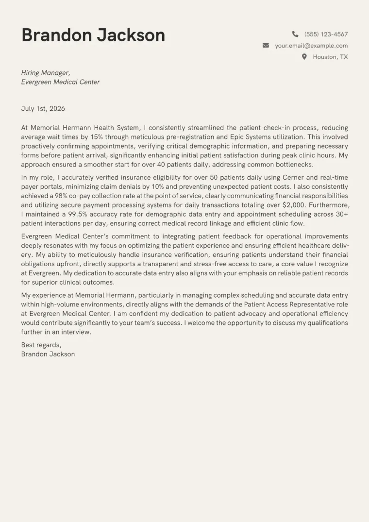 Patient Access Representative Cover Letter Example