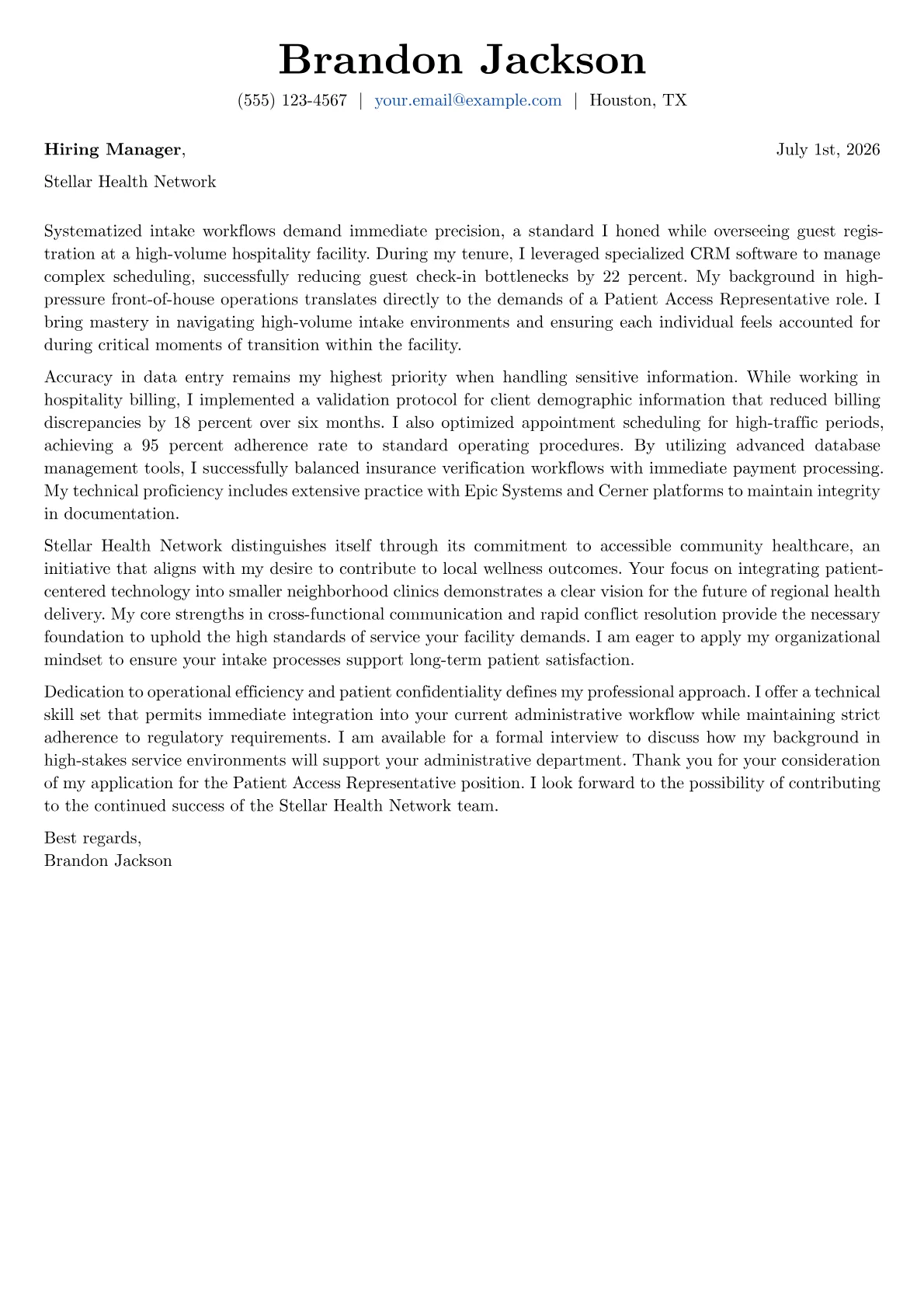 Patient Access Representative cover letter in the Basic design