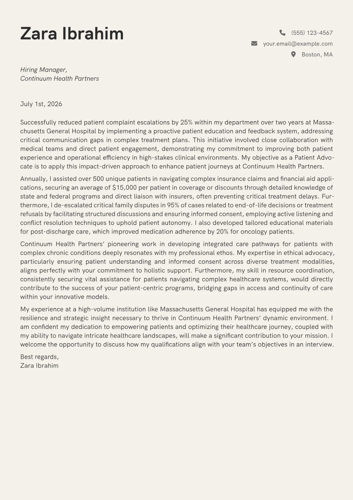 Patient Advocate cover letter formatted with a JobSprout template