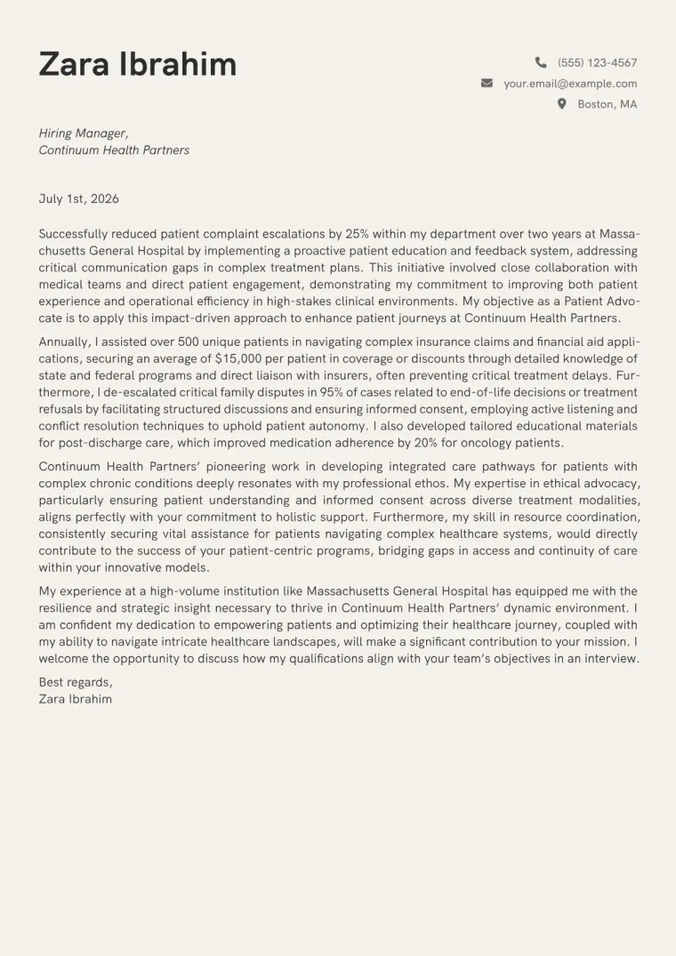 Patient Advocate Cover Letter Example