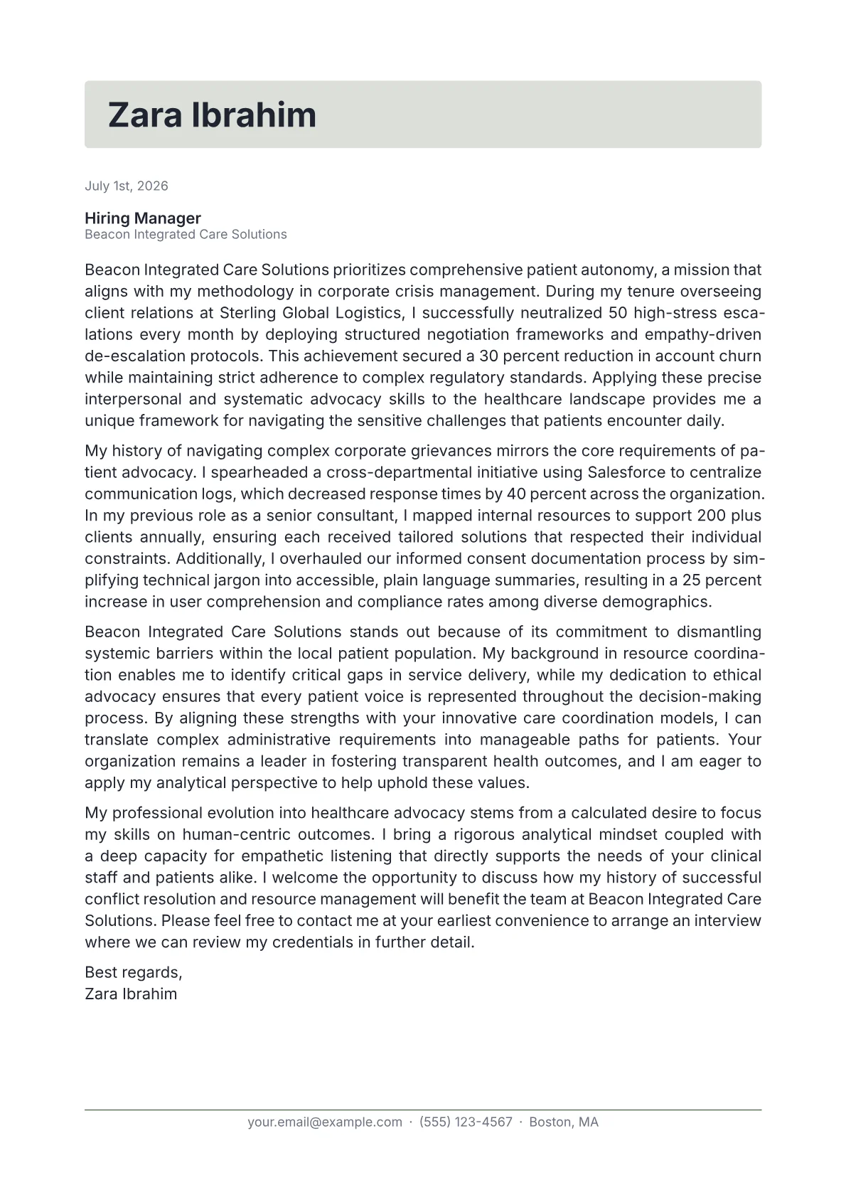Patient Advocate cover letter in the Letterhead design