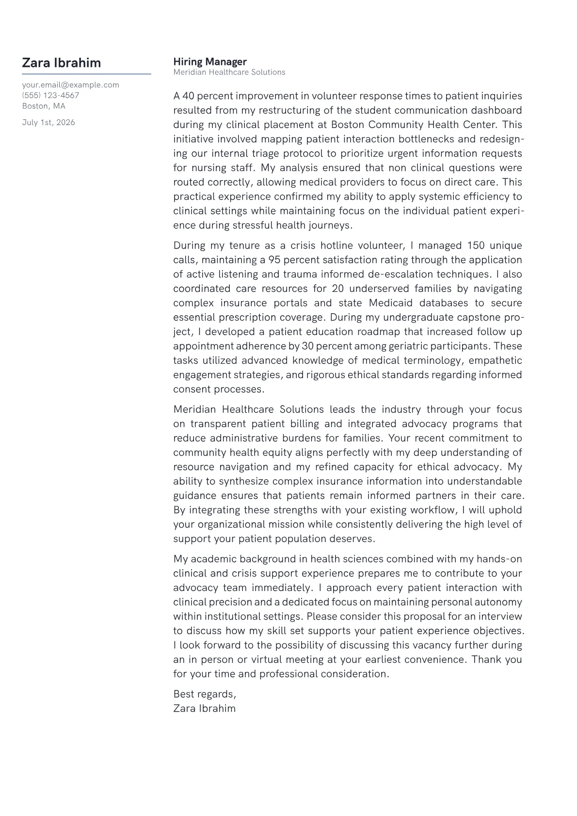 Patient Advocate cover letter in the Margin design