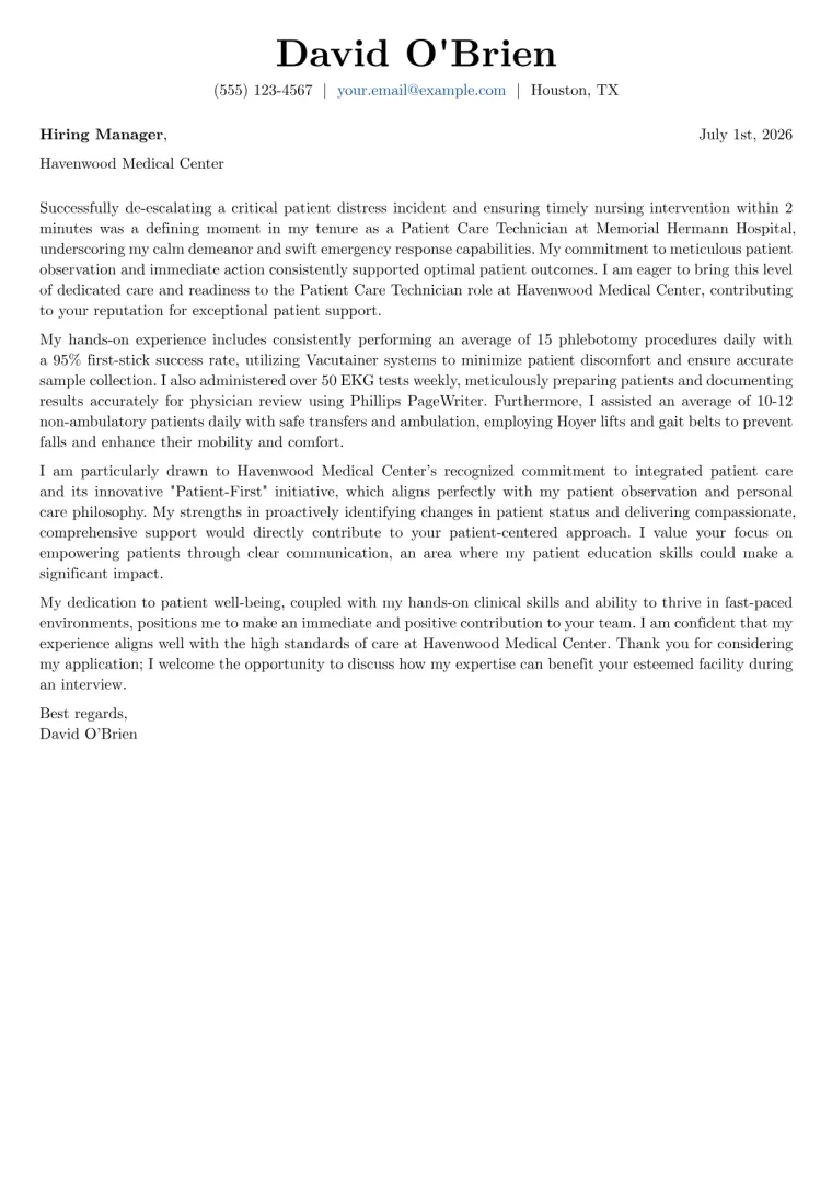 Patient Care Technician Cover Letter Example