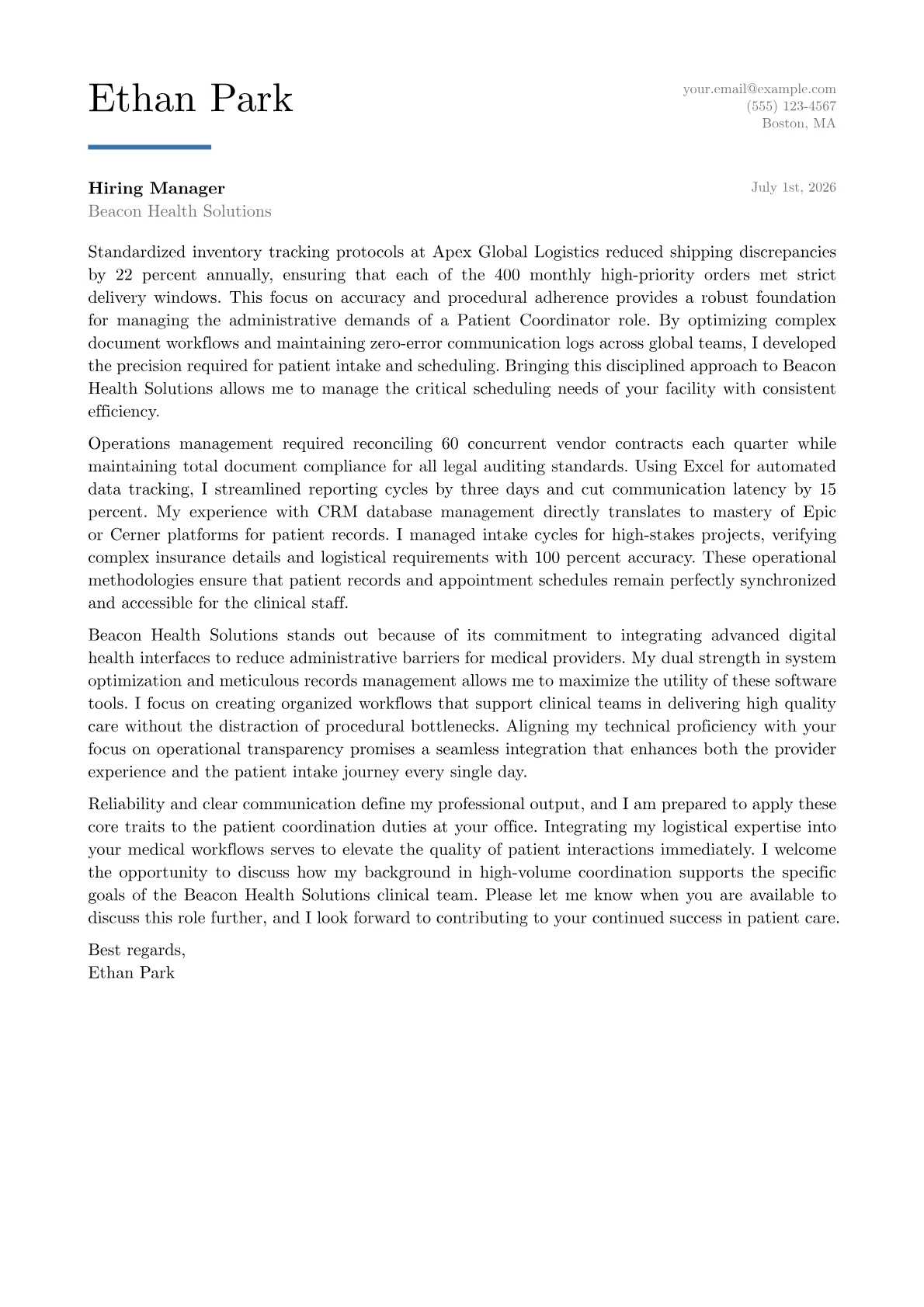 Patient Coordinator cover letter in the Executive design