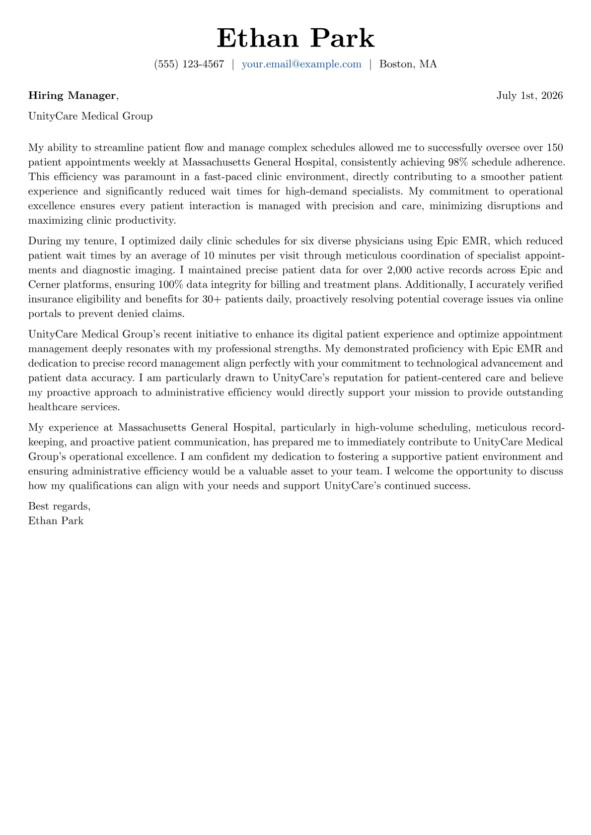 Patient Coordinator cover letter formatted with a JobSprout template