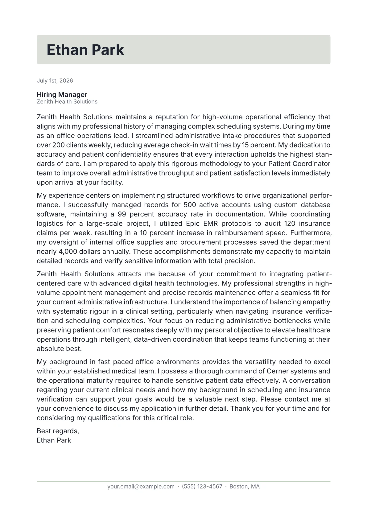 Patient Coordinator cover letter in the Letterhead design