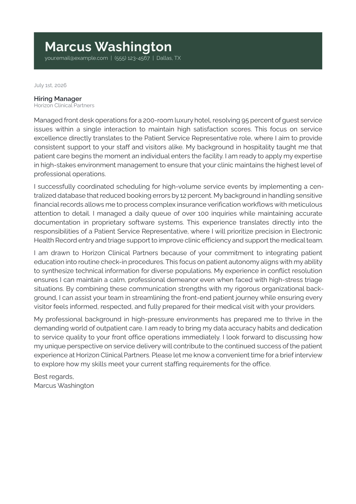 Patient Service Representative cover letter in the Banner design