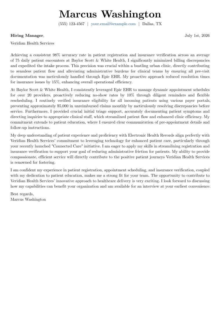 Patient Service Representative cover letter example