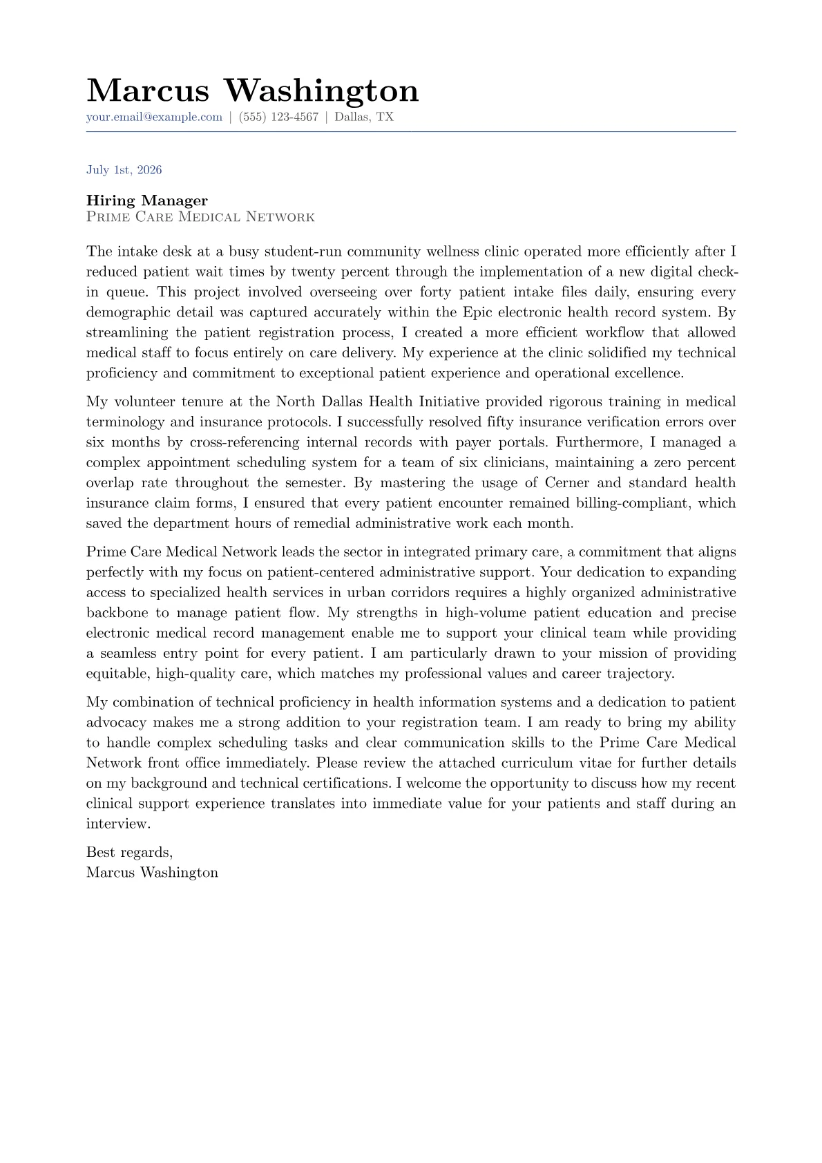 Patient Service Representative cover letter in the Classic design