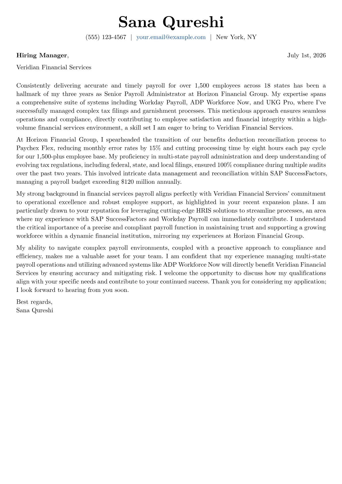 Payroll cover letter formatted with a JobSprout template